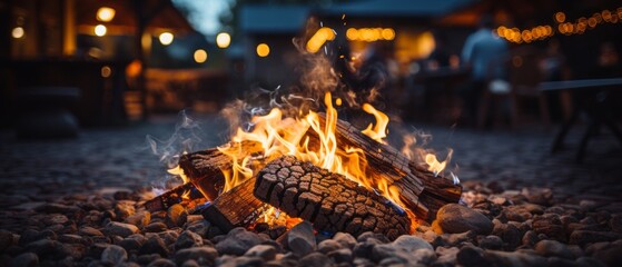 Nighttime bonfire with brick hearth. Generative AI