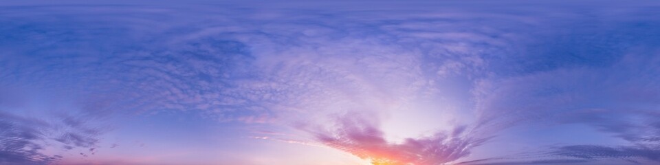 Sunset sky panorama with dramatic bright glowing pink Cirrus clouds. HDR 360 seamless spherical...