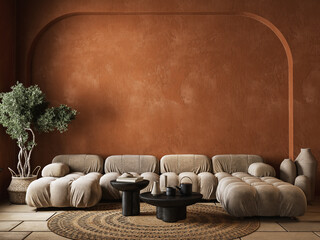 Orange interior with sofa, decor, stucco wall. 3d render illustration mockup.