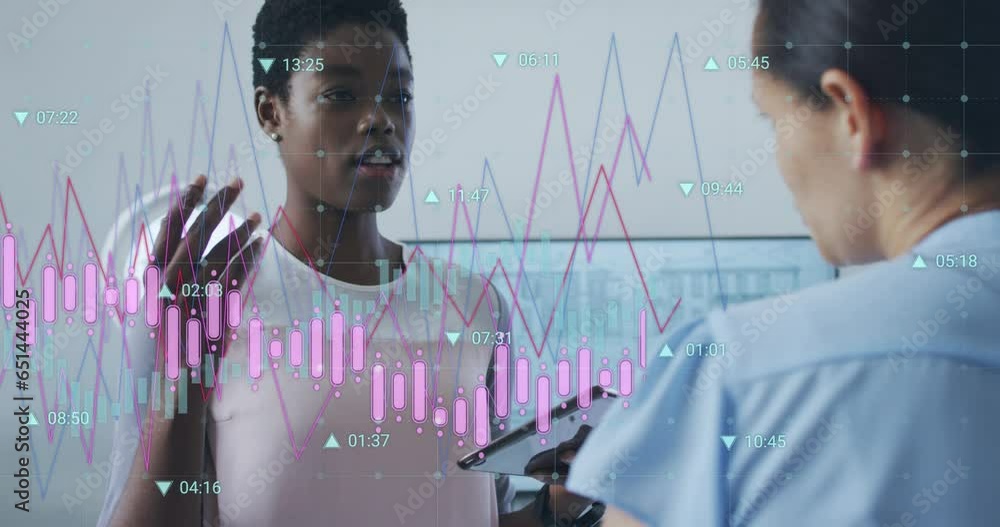 Poster animation of multiple graphs with changing numbers, diverse female coworkers discussing reports