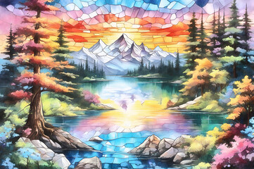 Fototapeta na wymiar Lake and mountains watercolor landscape