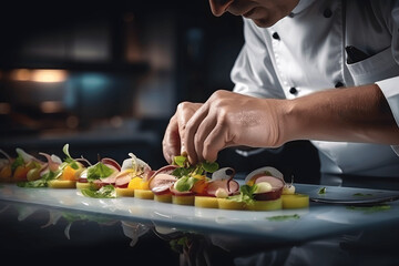 Obraz na płótnie Canvas Close up of professional chef cook man hands precisely cooking dressing preparing tasty fresh delicious mouthwatering gourmet dish food on plate