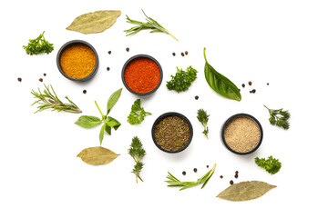 Composition with fresh aromatic spices and herbs on white background