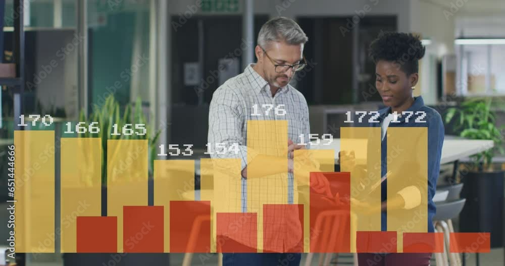 Aufkleber animation of graphs with changing numbers over diverse coworkers discussing in office