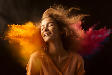 Joyful screaming female model, colorful hair, posing,  - The Rainbow Powder Series