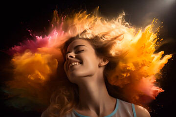 Joyful screaming female model, colorful hair, posing,  - The Rainbow Powder Series