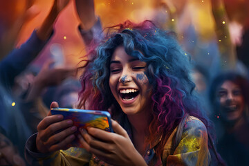 Joyful screaming female model, colorful hair, posing,  - The Rainbow Powder Series