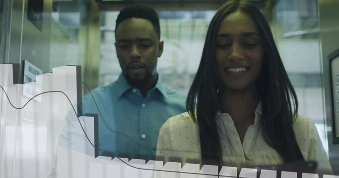 Animation of graphs over diverse coworkers sharing ideas while walking in office