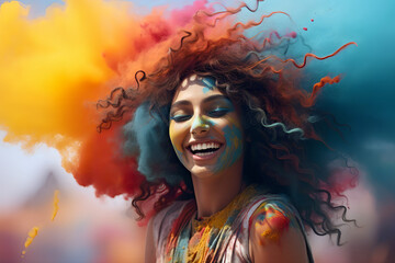 Joyful screaming female model, colorful hair, posing,  - The Rainbow Powder Series