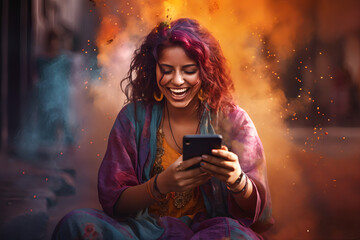 Joyful screaming female model, colorful hair, posing,  - The Rainbow Powder Series