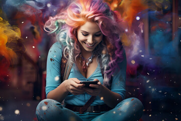 Joyful screaming female model, colorful hair, posing,  - The Rainbow Powder Series