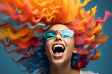 Joyful screaming female model, colorful hair, posing,  - The Rainbow Powder Series