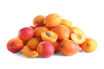 Heap of sweet apricots on white background