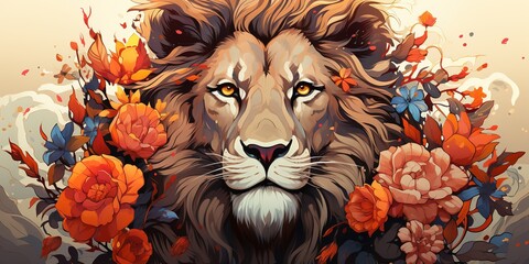 A detailed illustration a print of vintage lion head, flowers splash, t - shirt design
