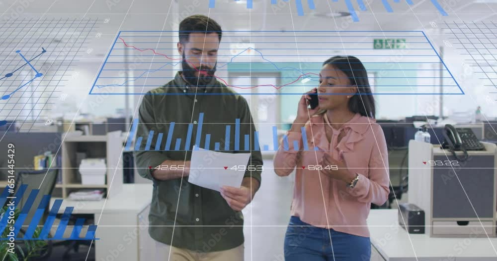 Poster animation of graphs with changing numbers, diverse coworkers discussing while walking in office