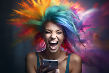 Joyful screaming female model, colorful hair, posing,  - The Rainbow Powder Series