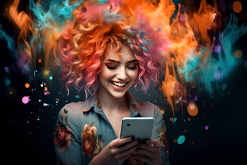 Joyful screaming female model, colorful hair, posing,  - The Rainbow Powder Series