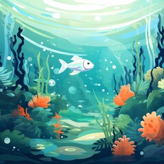 Gradient ocean with cartoon fish and seaweed, flat illustration