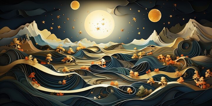 Art mural wallpaper with dark blue and golden wave background. golden christmas tree and mountains, golden moon