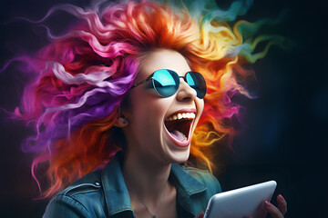 Joyful screaming female model, colorful hair, posing,  - The Rainbow Powder Series
