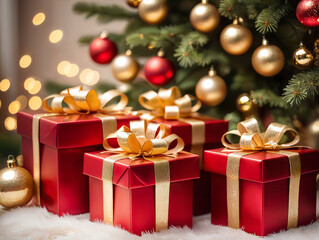 Fototapeta na wymiar christmas tree with gift boxes. festive christmas tree with red gift boxes