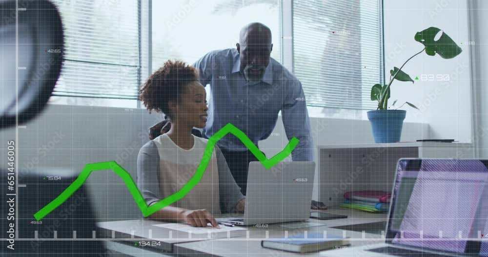 Poster animation of graph with changing numbers over diverse coworkers discussing reports on laptop