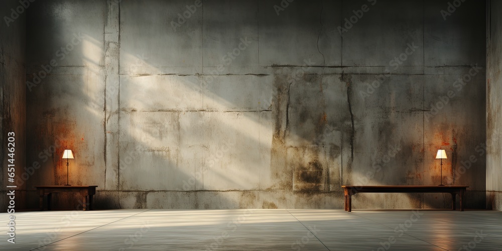 Poster empty room interior with concrete walls, grey floor with light and soft skylight from window. backgr