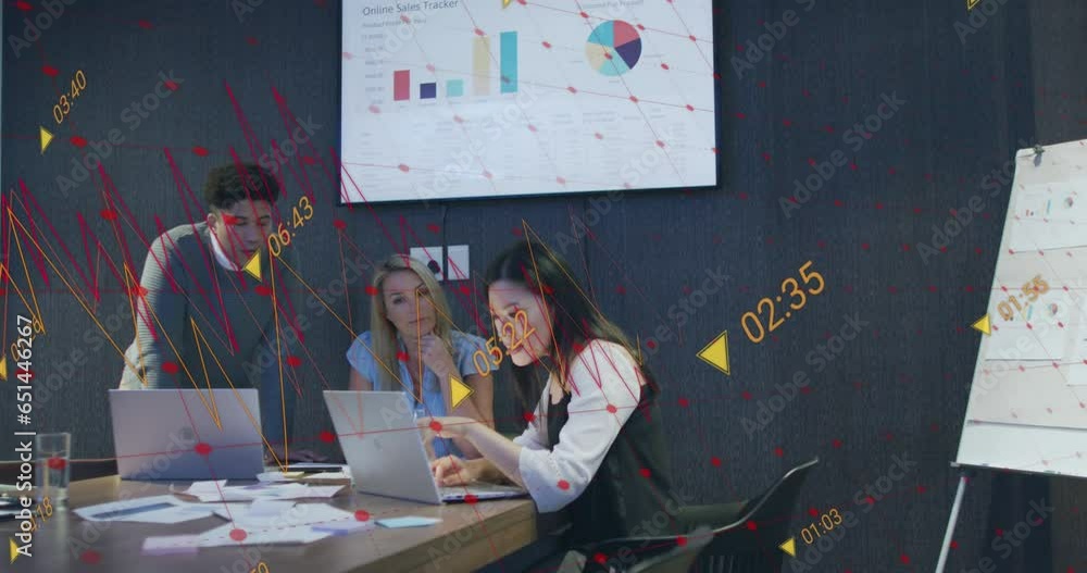 Poster animation of multiple graphs with changing numbers, diverse coworkers analyzing reports on laptop