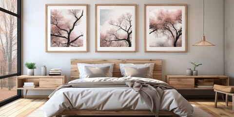 Frame mockup in cozy beige Japandi bedroom interior