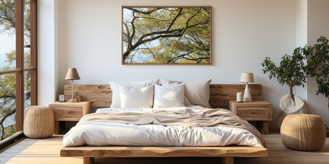 Fototapeta na wymiar Frame mockup in cozy beige Japandi bedroom interior