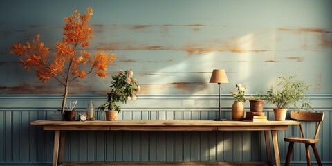 Interior background with painted wall, wooden desk, and light in a barren Mediterranean style. wood flooring