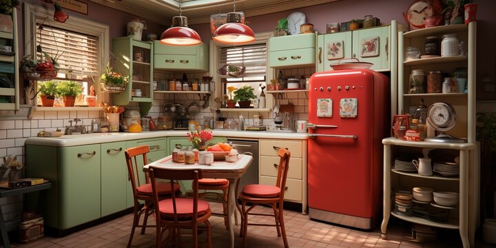 Interior of kitchen with red fridge, counters, shelves, table and chairs