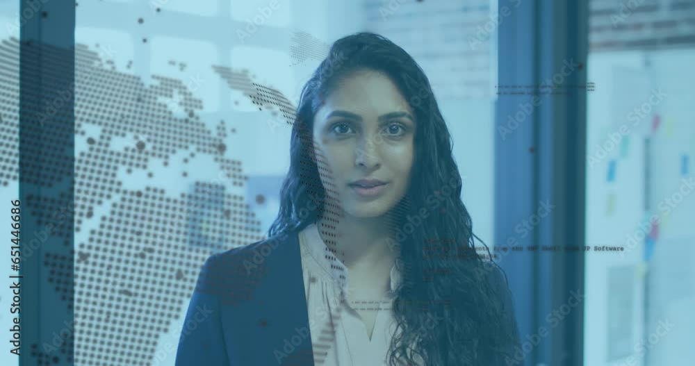 Poster animation of rotating globe and computer language over laughing biracial woman standing in office