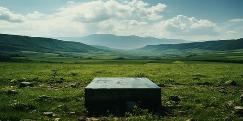 Mysterious box placed in the center of a vast green field