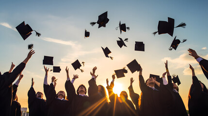 Group of cheerful student throwing graduation hats in the air celebrating, education concept with students celebrate success with hats and certificates - obrazy, fototapety, plakaty