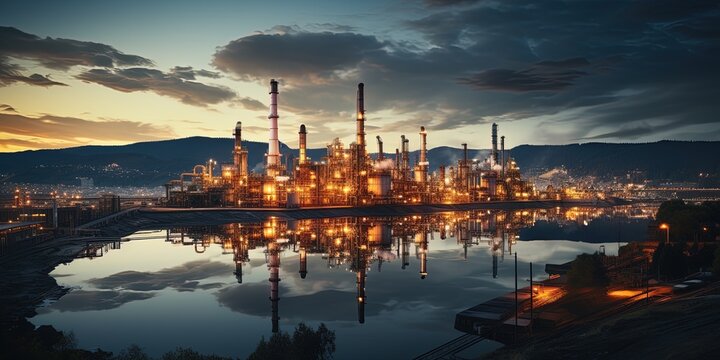 Oil refinery plant for crude oil industry on desert in evening twilight, energy industrial machine for petroleum gas production background © Влада Яковенко