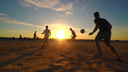 Boys playing soccer football on sandy field at sunset