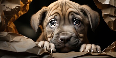 Serious Mastiff puppy looking through a hole in white paper