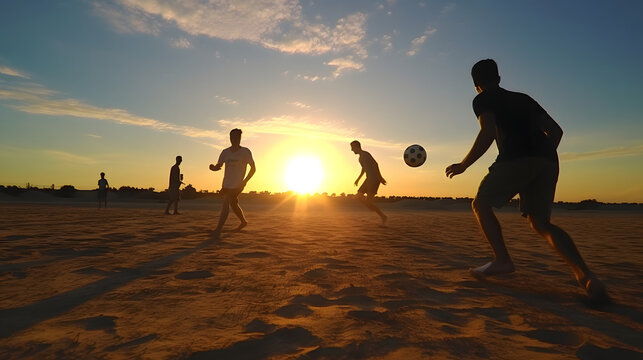 Boys playing soccer football on sandy field at sunset - Powered by Adobe