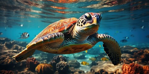 Obraz premium Turtle with group of colorful fish and sea animals with colorful coral underwater in ocean