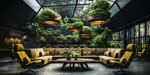Waiting zone, lounge in contemporary office with comfortable couch, high table and chairs, green natural plants, high tech style interior, workspace organization concept