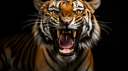 Sumatran tiger with open mouth on black background