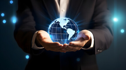 Businessman hand holding glowing blue earth hologram, business and innovative technology concept