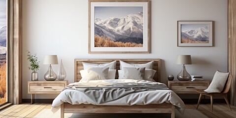 Fototapeta na wymiar Frame mockup in farmhouse style bedroom setting, frame above bed