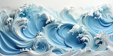 Solated waves on a blue ocean with white foam. Background is white. wide style - obrazy, fototapety, plakaty
