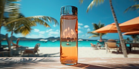 A bottle of sunscreen without inscriptions on the background of the beach - obrazy, fototapety, plakaty