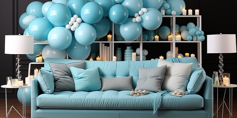 The studio is decorated with blue holiday balloons. Photozone for a birthday
