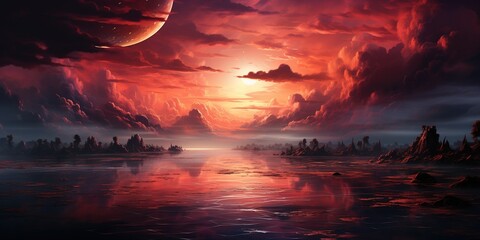 The surface and the island of red water scenery. Sky with clouds. Bloody sunset background with copy space for design