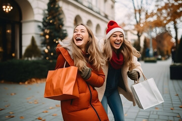 Portrait of happy smiling beautiful young woman friends enjoying shopping in the city