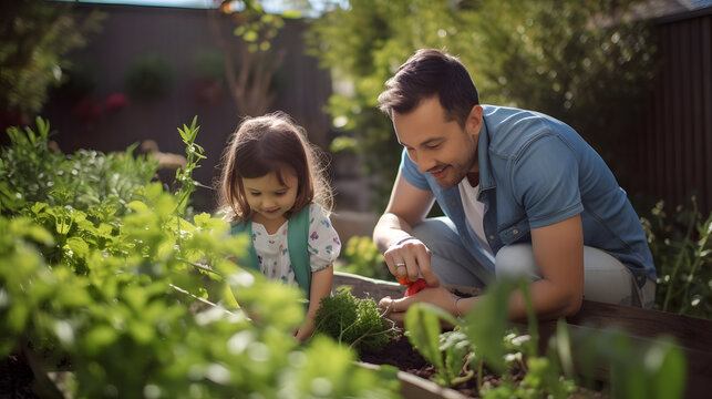 Happy father and his daughter plant vegetables vegetables in garden, family quality time tending to their plants and garden in the backyard of their home